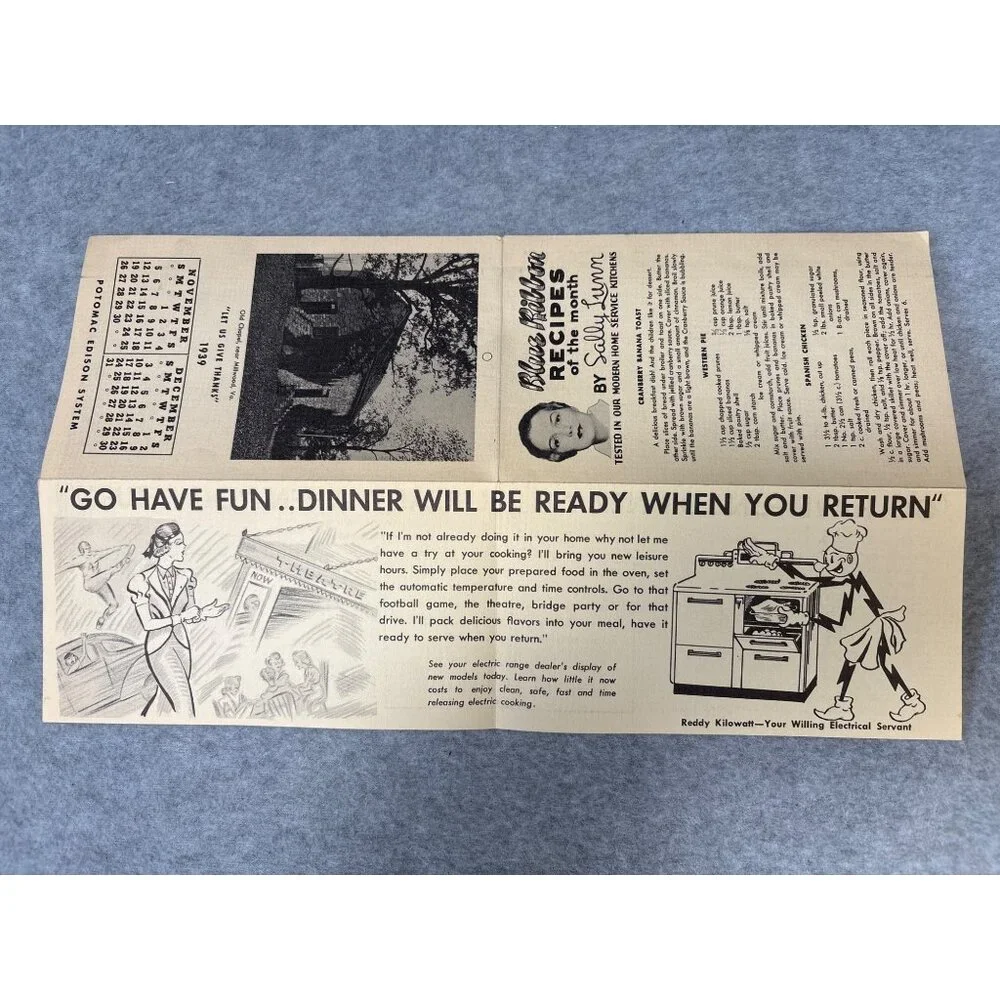 Vintage Thanksgiving 1939 Potomac Edison System Calendar Brochure Pilgrim Colony